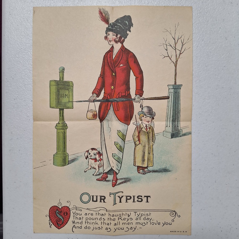 Vintage Ephemera Our Typist Poem Print Woman Child Dog Mailbox Art 8 X 10